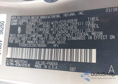 2008 Toyota Sienna Le z USA, uszkodzony, nr VIN 5TDZK23C28S180884